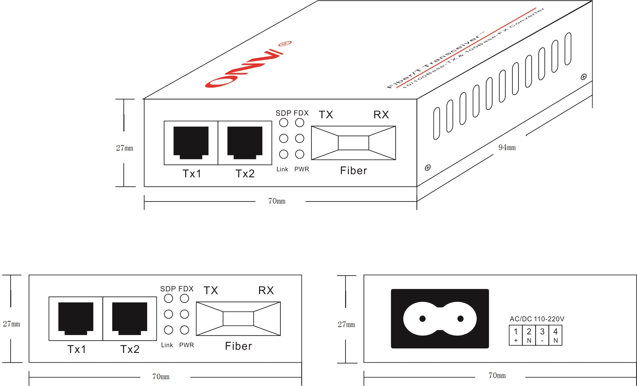 2-port 10/100M multimode dual fiber media converter