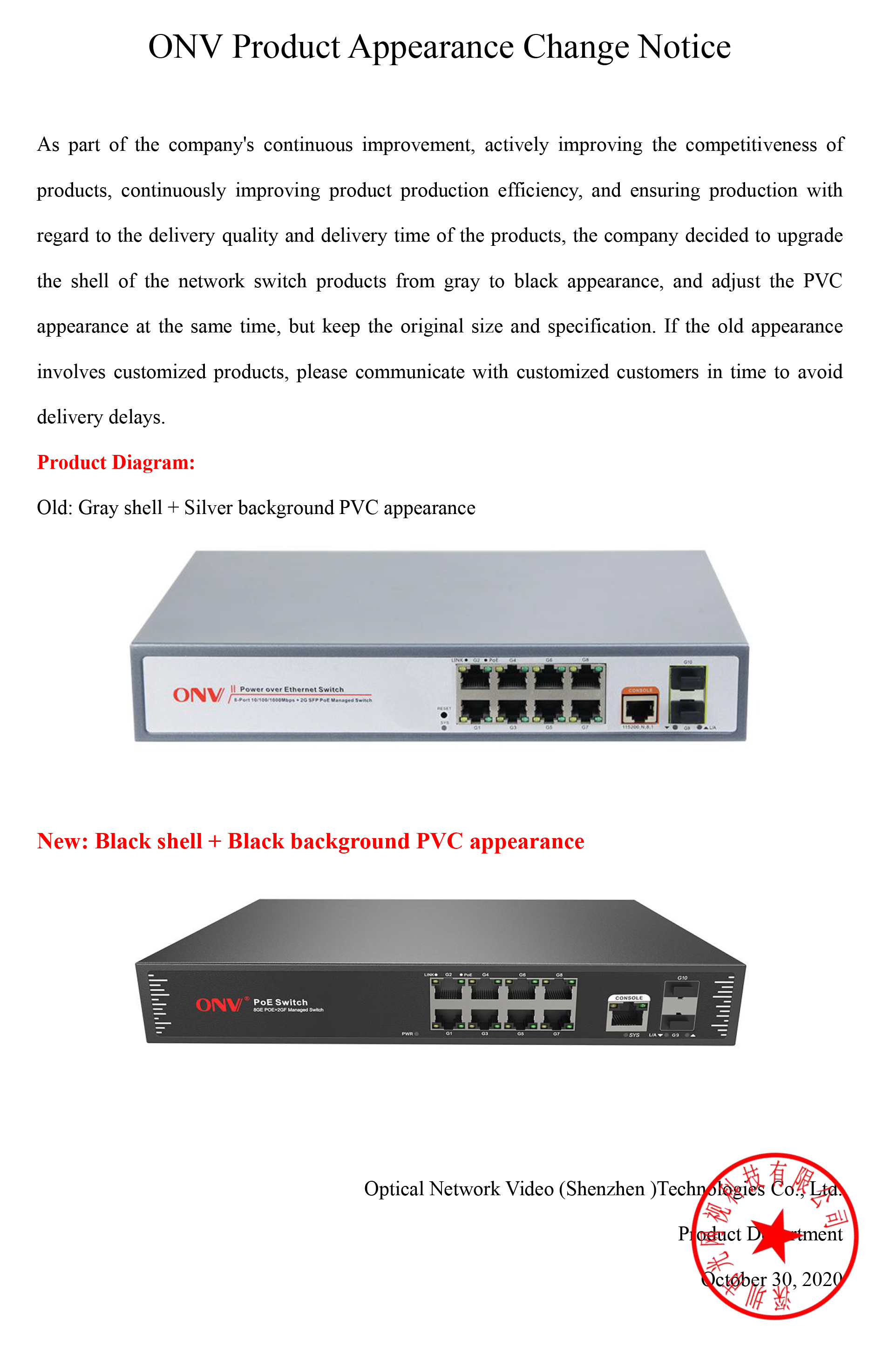 ONV Product Appearance Change Notice