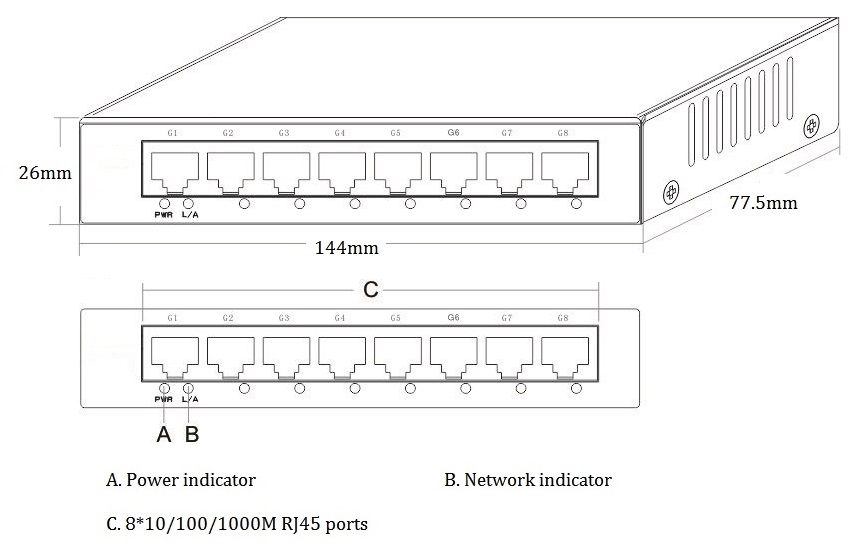 8-port gigabit Ethernet switch, Ethernet switch, gigabit Ethernet switch,