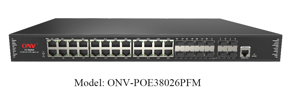 36-port 10G L3 Managed PoE Switch, supports 24*10/100/1000M RJ45 ports and 8*100/1000M fiber ports and 4*1/10G SFP+ fiber ports. Port 1-24 support IEEE 802.3 af/at PoE standard.