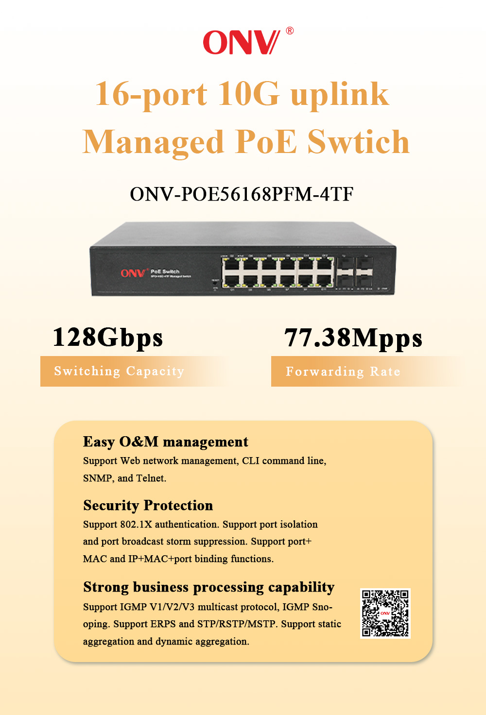 ONV, PoE switch, ONV-POE56168PFM-4TF, 10G PoE switch